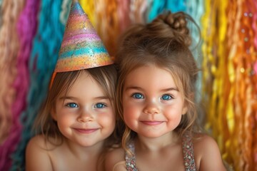 Two young girls beam with joy as they don party hats, their faces lit up with childlike excitement and adorned with stylish headgear