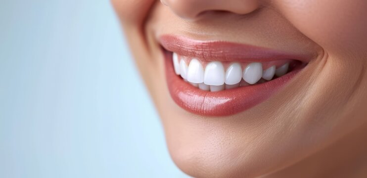 close-up of a women smilingon a blue background with space for text , Teeth whitening. Dental clinic patient. Stomatology concept