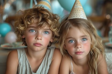 A pair of youngsters donning festive headwear add a touch of whimsy and joy to the indoor celebration, showcasing their unique fashion sense and youthful exuberance