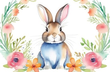 Watercolor drawing of a yellow Easter bunny in a floral wreath on a white background