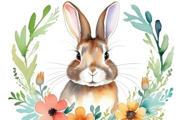 Watercolor drawing of a yellow Easter bunny in a flower wreath
