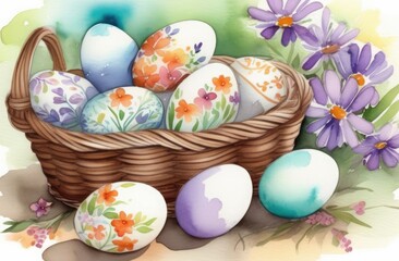 Obraz na płótnie Canvas Watercolor drawing of a wicker basket with painted Easter eggs on a background of flowers, Easter card