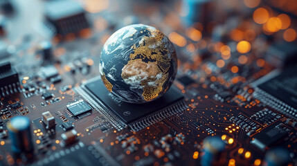 Conceptual, globe spinning connection through technology, data collection on a logistc circuit board - Generative AI