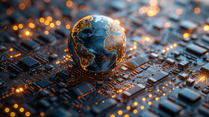 Conceptual, globe spinning connection through technology, data collection on a logistc circuit board - Generative AI