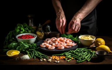 Obraz na płótnie Canvas Professional cook prepares shrimps with spring bean