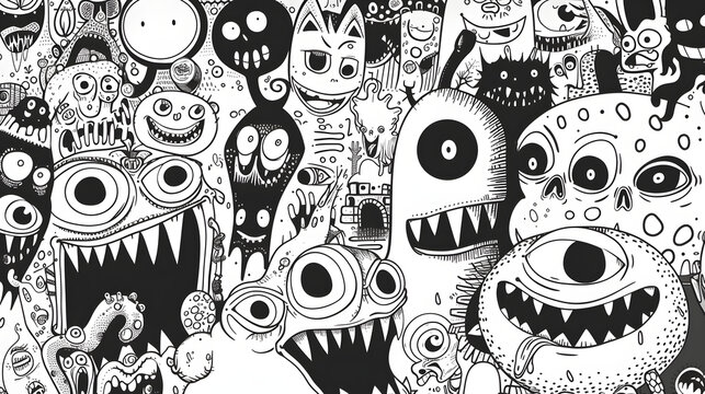 monsters. Funny line hand-drawn aliens for coloring pages. Flat illustration