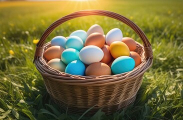 Basket of colorful Easter eggs in the grass