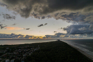 Aerial  drone view of sunset in Hel penisula Jastarnia Puck Bay Baltic Sea