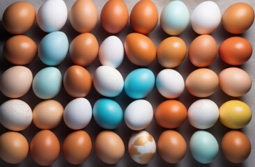 Many colored Easter eggs, top view
