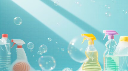 generic cleaning sprays and bottles with soap bubbles flying around, spring cleaning concept