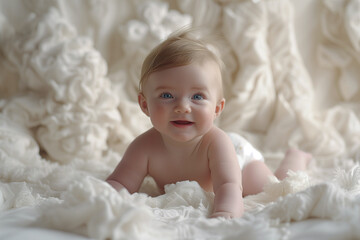 Happy Blue-Eyed Baby in Diaper Smiling on Textured White Blanket, Joyful Infant Enjoying Tummy Time in Bright Room
