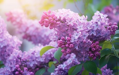 Purple lilac flowers blossom in garden spring background