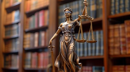 Symbol of justice stands with balanced scales in a library of legal knowledge and law.