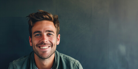 Young Caucasian man with a bright smile and stylish hair, against a textured grey backdrop - obrazy, fototapety, plakaty