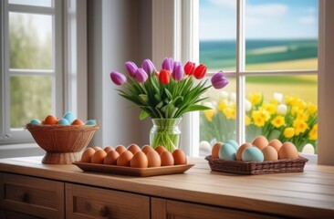 Bouquet of tulips and Easter eggs on the table by the window