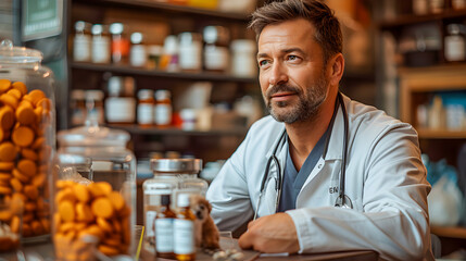 A thoughtful male pharmacist evaluates medications in a well-stocked, contemporary pharmacy setting.
