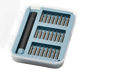 Blue case of drill bits, isolated on white copy-space background.