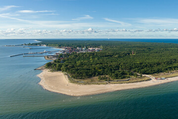 Hel city. Aerial view of Hel Peninsula in Poland, Baltic Sea and Puck Bay (Zatoka Pucka) Photo made...