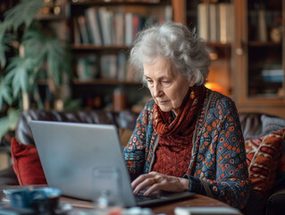 an elderly woman working on a laptop   (online meeting, getting an education)
