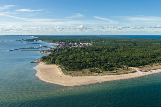 Hel city. Aerial view of Hel Peninsula in Poland, Baltic Sea and Puck Bay (Zatoka Pucka) Photo made by drone from above. End of poland hel peninsula. Hel beach in Poland