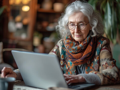 an elderly woman working on a laptop   (online meeting, getting an education)