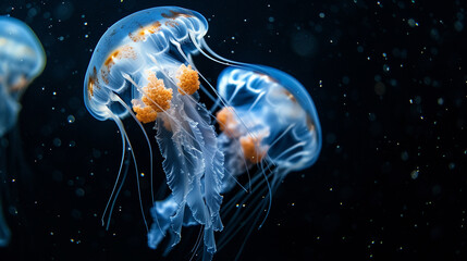 Fototapeta premium View of jellyfish in ocean dark black background