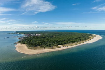 Foto op Plexiglas Hel city. Aerial view of Hel Peninsula in Poland, Baltic Sea and Puck Bay (Zatoka Pucka) Photo made by drone from above. End of poland hel peninsula. Hel beach in Poland © Chawran