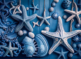 Nautical Sea Star and Shell Arrangement on Blue Background