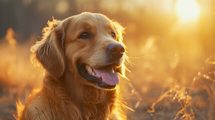 A joyful golden retriever sits in a field, basking in the warm glow of a setting sun.
