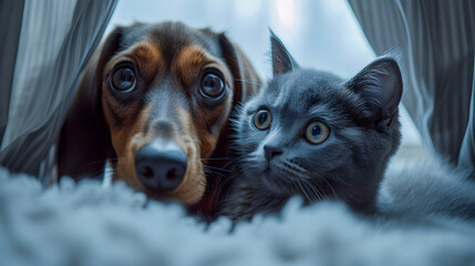 A dog and a cat peeking curiously from beneath a white blanket.
