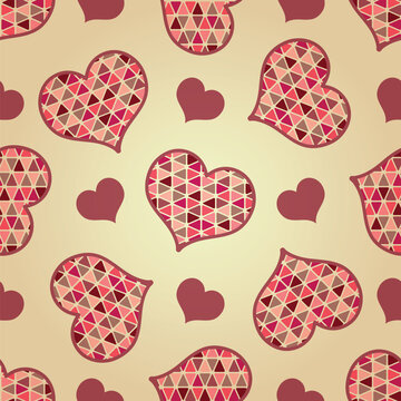 vector seamless geometric Valentine pattern with triangle hearts on gold background