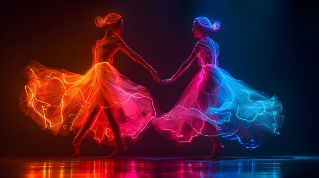 Neon-lit dancers in silhouette isolated on black background. Created with generative AI.