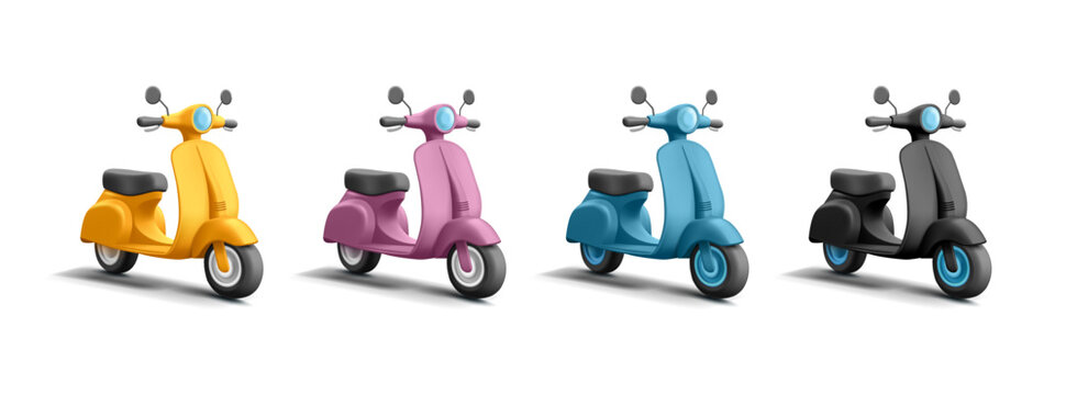 Set of scooters 3d render cartoon vector illustration, realistic detailed retro vintage classic scooter in modern graphic style in different colors