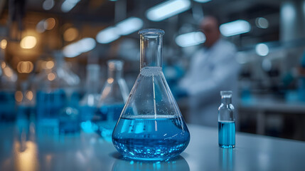 chemical process in a lab, with blue liquids in transparent glass vessels, in the style of bokeh