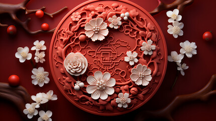 Chinese New Year decor on red background flowers and bluelo with pattern
