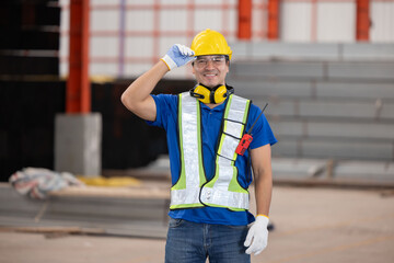 Close up portrait of factory worker pose in the steel factory