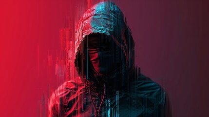 Mysterious hooded figure in a digital art style portrait with neon lights
