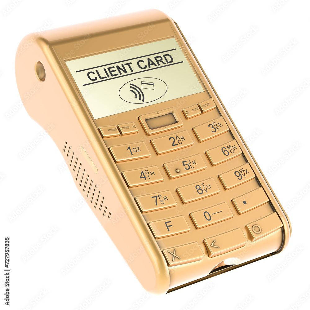 Poster golden credit card terminal. pos terminal, 3d rendering isolated on transparent background