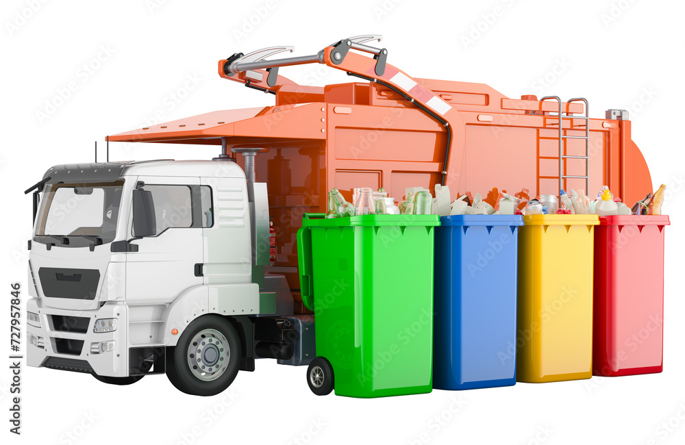 Poster garbage truck with plastic garbage trash containers full of rubbish. 3d rendering isolated on transp