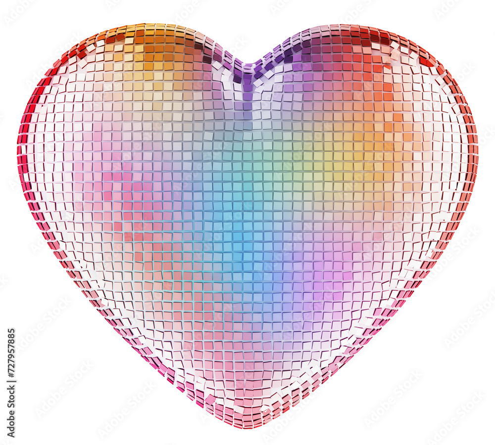 Poster heart from glitter mirror facets. 3d rendering isolated on transparent background