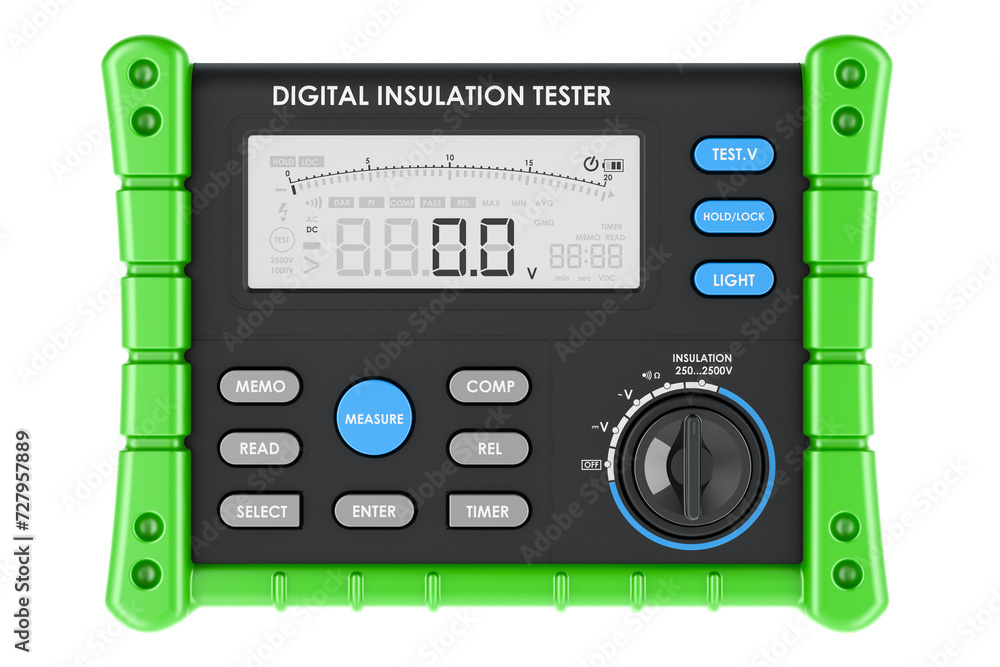 Poster megohmmeter, digital insulation resistance tester, 3d rendering isolated on transparent background