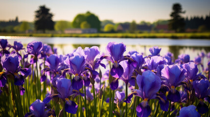 A Field of Purple Flowers Next to a Lake