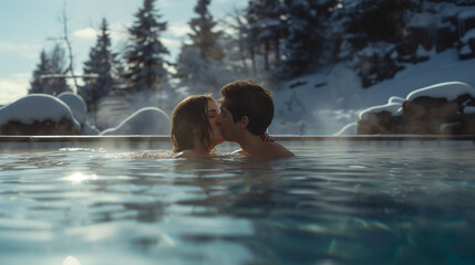 Couple kissing in an outdoor hot tub, snowy landscape - obrazy, fototapety, plakaty