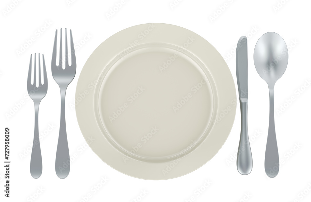 Poster table setting. plate with forks spoon and knife, 3d rendering isolated on transparent background