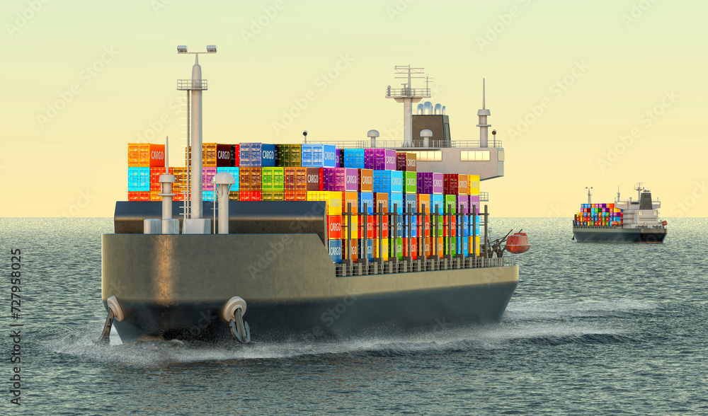 Poster cargo container ships with cargo containers sailing in ocean. 3d rendering