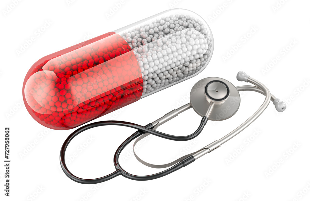 Poster stethoscope with medicament capsule. 3d rendering isolated on transparent background
