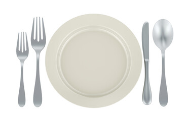 Table setting. Plate with forks spoon and knife, 3D rendering  isolated on transparent background