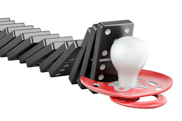 Baby pacifier stopped domino effect, 3D rendering isolated on transparent background