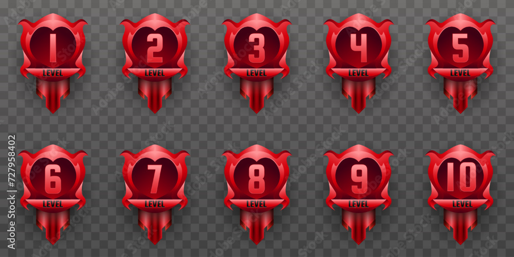 Poster abstract red game level up badges set for game ui designs