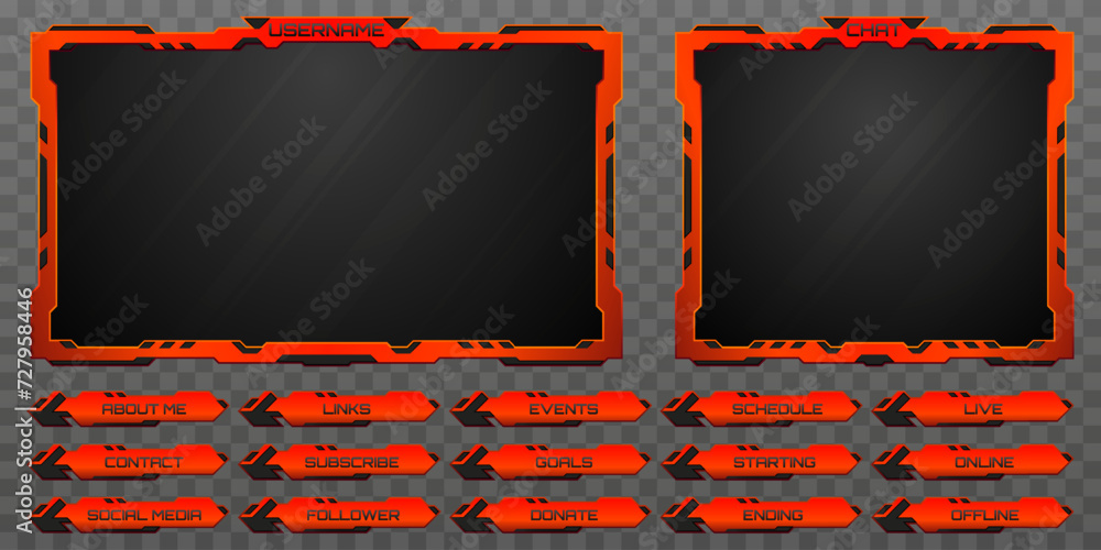 Poster live stream overlay webcam screen frame and stream alert futuristic gui panels with metallic orange 